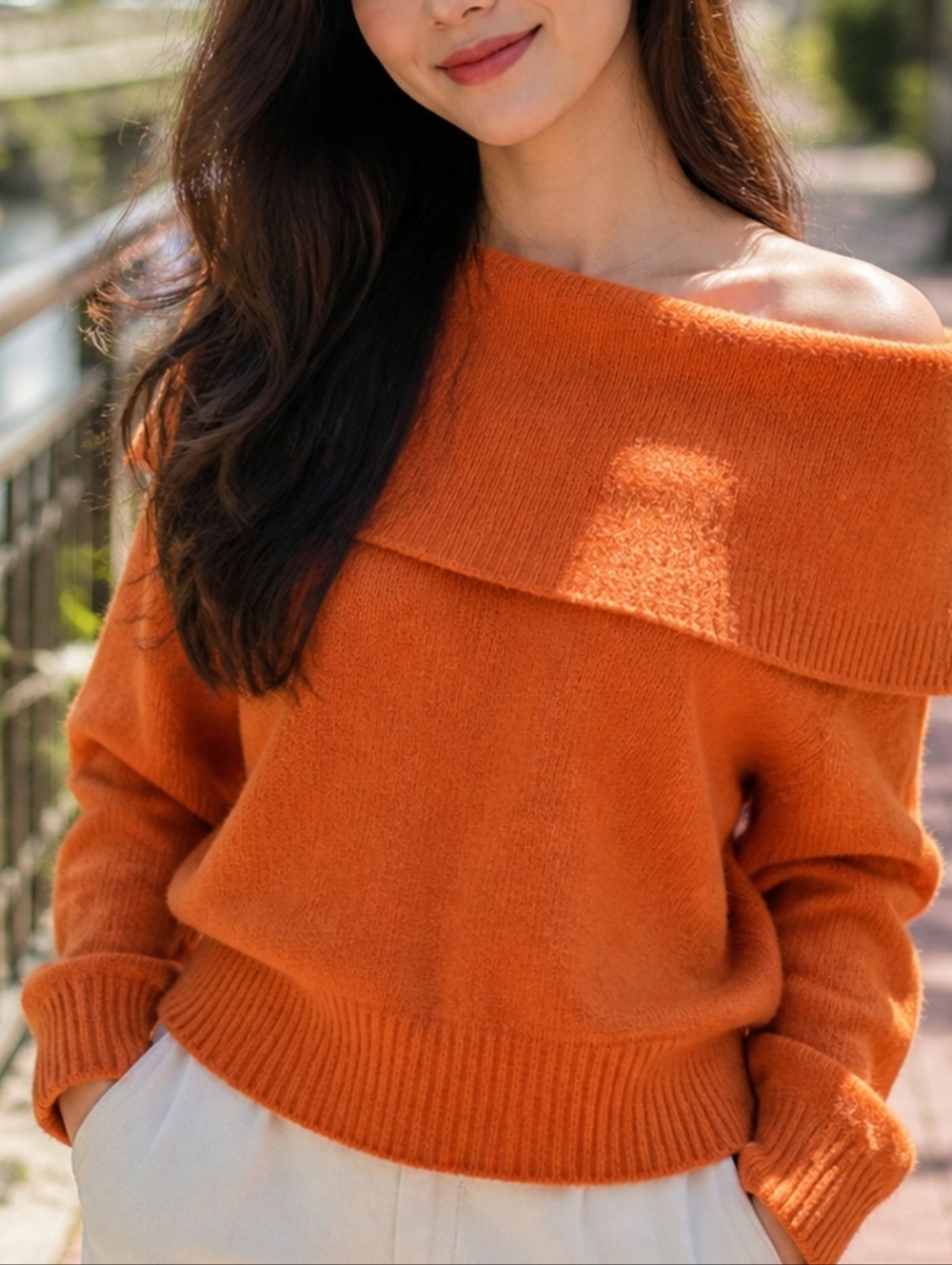 By Anthropologie Off-Shoulder Cotton Blend Sweater Burnt Orange